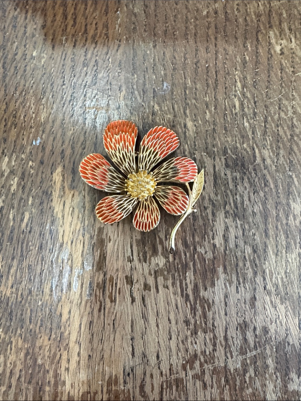 Vintage Gold-Tone Orange Enamel Floral Brooch - Women's Accessory
